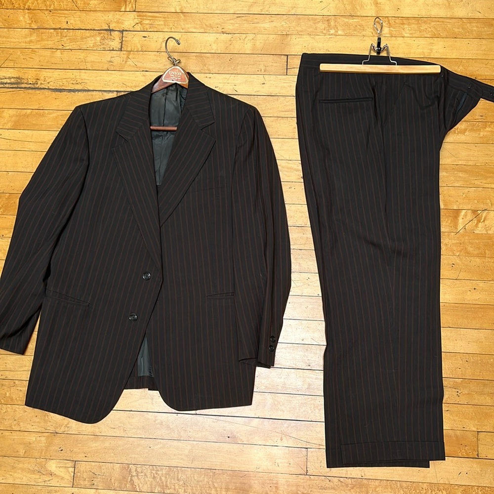 Dark chocolate brown suit with red pinstripes